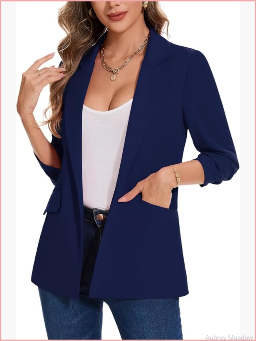 Women's 3/4 Sleeve Ruched Blazer Notch Lapel Open Front Jacket with Pockets